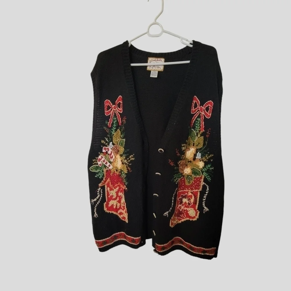 Sz 22/24 Vtg Heirloom Collectibles Cardigan Sweater Vest Christmas Sparkle T34